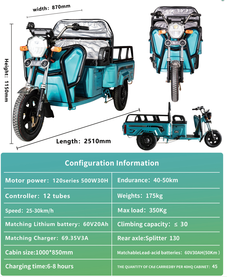 TH0101 500W 30km/H Speed 3 Wheel Electric Cargo Tricycle for Sale